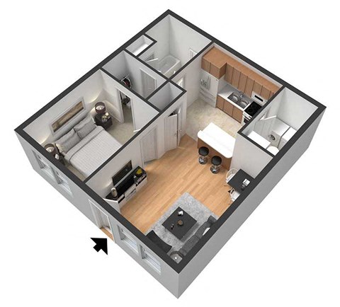 Floor plan for studio, 1 bath, 668 sqft